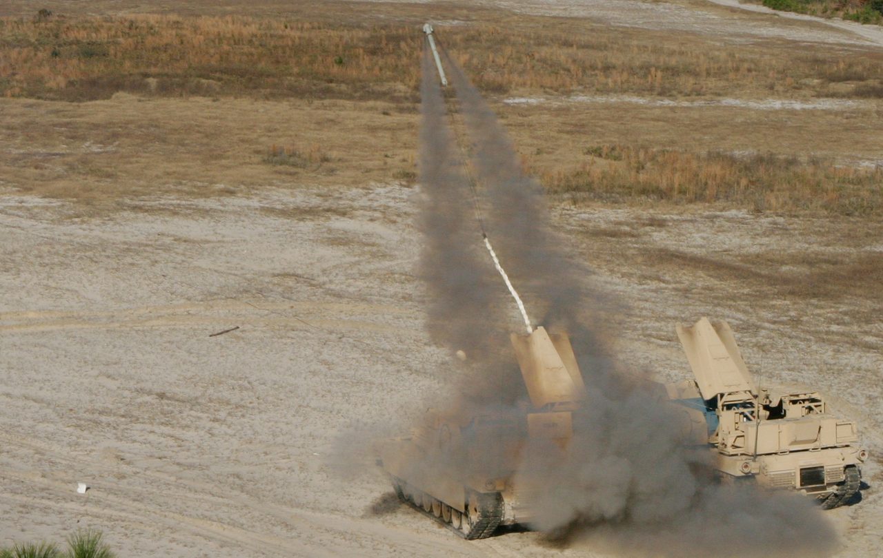 An Assault Breacher Vehicle launching a mine-clearing line charge, 2008.